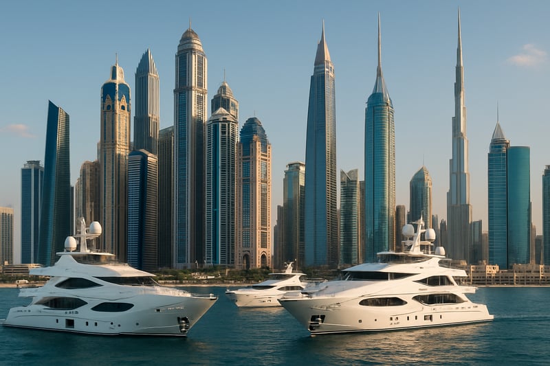 Skyline of Dubai with luxury yachts and iconic skyscrapers
