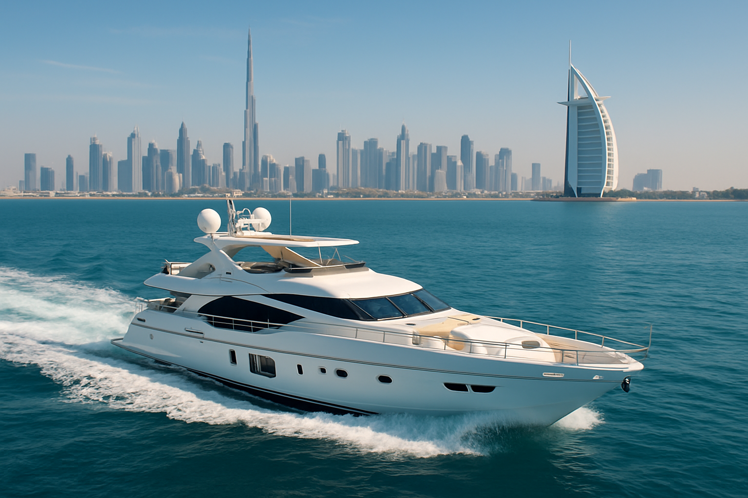 A private luxury yacht cruising along Dubai's coastline
